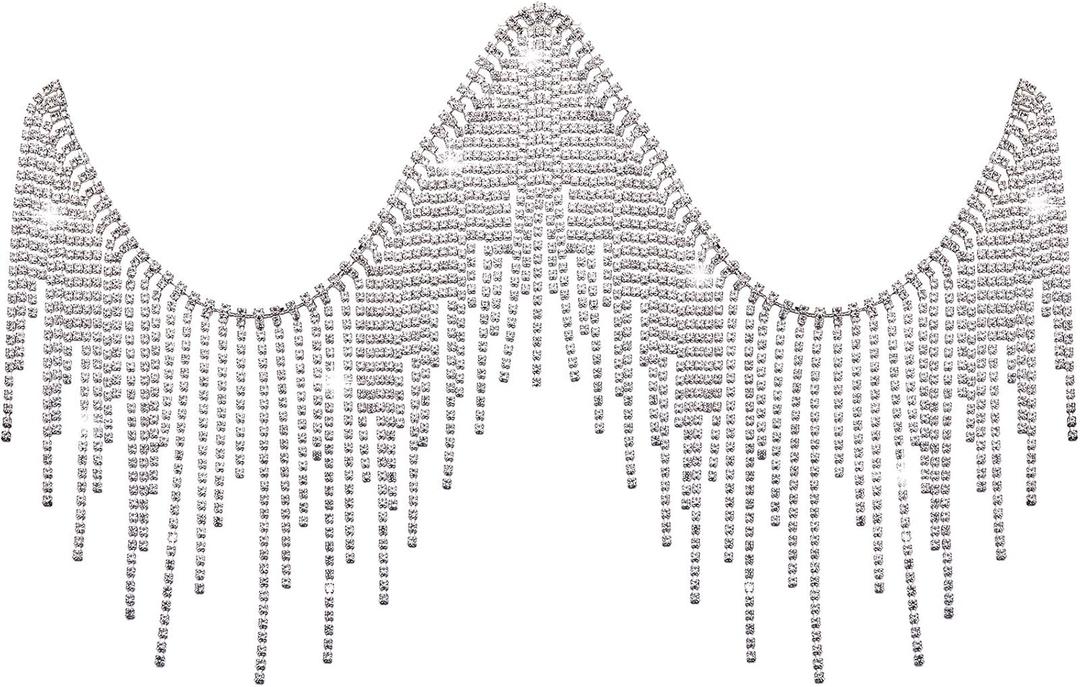 Rhinestone Fringe Belt Beaded Ribbon Diamond Tassel Chain for Jeans Clothing Accessories DIY Decoration (2 Yard, Silver)