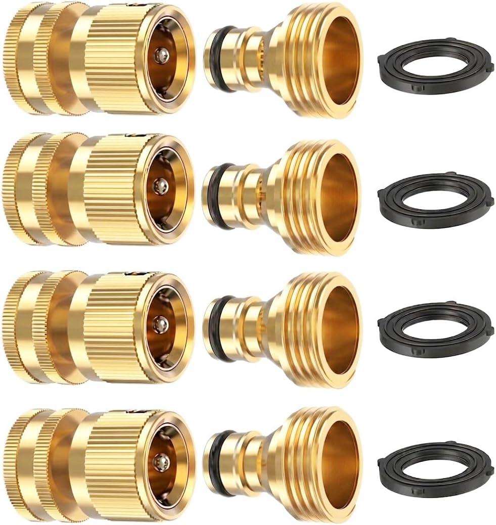 Kesfitt Garden Hose Quick Connect 3/4 Inch GHT Solid Brass Hose Connector Adapter Kit Fitting No-Leak Water Hose Female and Male Adapter (4 Sets)