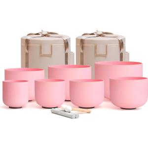 432HZ 6-12 Inch Pink Color Frosted Quartz Crystal Singing Bowls Chakra Set of 7 with Carry Case Bags for Sound Healing and Meditation