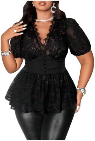 MakeMeChic Women's Plus Size Sexy Peplum Lace Tops Floral Sheer Mesh Going Out Tops Low Cut Short Sleeve T-Shirt, 3 XL