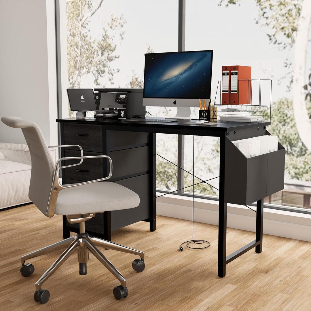 47.3" Office Desk with Power Outlet,3 Drawers,Side Pocket, Study Desk, Frame Stability for Home Desk, Company Computer Desk, Game Table,Vanity Table (Black)