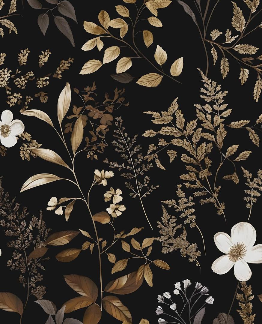 Black Floral Wallpaper Peel and Stick Boho Wallpapers 17.5" x 118" Gold Leaf Contact Paper for Cabinets Waterproof Self Adhesive Removable Wall Paper for Kitchen Table Countertop Walls