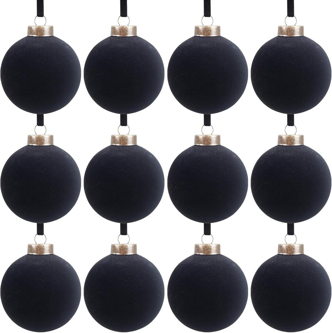 12 Pcs Velvet Christmas Balls Bulk Shatterproof Plastic Christmas Tree Decorations for Decorative Hanging Baubles (12, Black, 2.36Inch)