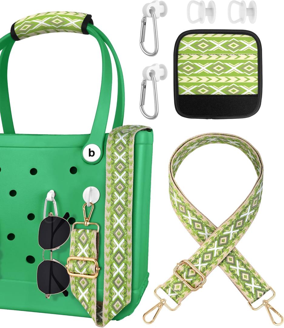 Bag Strap Crossbody for Bogg Bag Accessories - Charms Shoulder Strap Neoprene Luggage Handle Wrap for Suitcase & 2 Key Holders Green Geometry