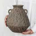Black Terracotta Rustic Ceramic Farmhouse Vase,9.5" Round Flower Vase,Vintage Antique Stone Clay Handmade Distressed Decorative,Home Living Room Kitchen Table Shelf Decor