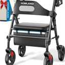 HOMLAND Foldable Rollator Walkers with Seat for Seniors, 8'' Big Wheels, 350 lb. Weight Capacity, Adjustable Handles and Seat Height, Lightweight Rolling Walker, Black