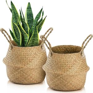 Yesland 2 Pack Woven Seagrass Plant Basket with Handles, Ideal Wicker Baskets Storage Plant Pot Baskets for Laundry, Picnic, Plant Pot Cover, Beach Bag and Grocery Basket (L) (Brown)