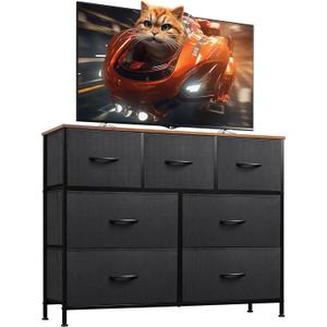 WLIVE 7 Drawer Dresser TV Stand, Entertainment Center, Media Console Table with Metal Frame and Wood Top for TV up to 45 inch, Chest of Drawers for Bedroom, Living Room, Black and Rustic Brown