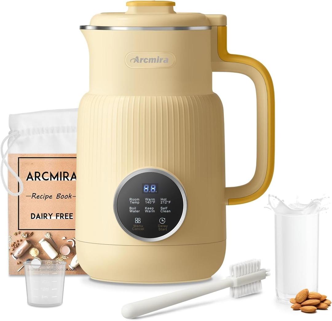 Nut Milk Maker, 20 oz(600ml) Homemade Almond, Oat, Soy, Coconut, Plant Based and Non Dairy Beverages, Milk Blender Machine with Delay Start, Keep Warm, Boil Water, Self Cleaning (Yellow)