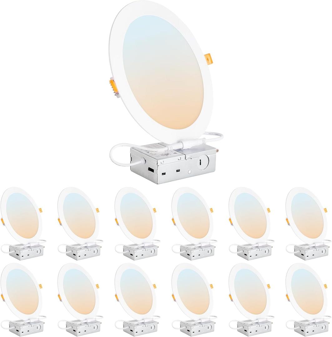 DLLT LED Recessed Ceiling Lights: 12 Pack 8 Inch 5CCT Ultra-Thin Lighting with Junction Box for Bedroom - 1800LM Brightness 18W Eqv 170W Dimmable Canless Wafer Downlight with ETL&FCC