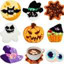 Preboun 8 Pcs Halloween Punch Needle Coaster Kit, Easy DIY Embroidery Halloween Punch Needle Kit for Beginners Adults, Includes Adhesive Felt, Yarns Hoop Tools Instruction
