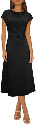 Happy Sailed Women's Spring Summer Short Sleeve Cowl Neck Ruched Waist Flowy A Line Midi Dresses Party Cocktail Dress, Size: XL