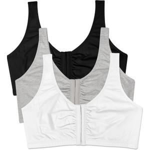 Fruit of the Loom Women's Front Close Sports Bra - Cotton Blend, Easy Fit & Built-Up Support (36, Black/White/Heather Grey 3-pack)