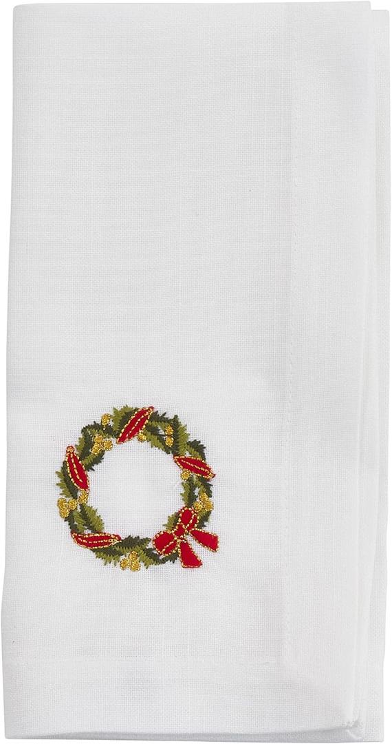 Saro Lifestyle Embroidered Wreath Napkin (Set of 4), White, 20"x20"