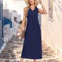 MISFAY Women's Sleeveless V Neck Maxi Dress with Pockets Vacation Outfit | Breathable Air-Layer Rayon Blend, Wrinkle Resistant, Back Slit, Loose Fit, Formal Outfits, Wedding Guest, Machine Washable (Blue, L)