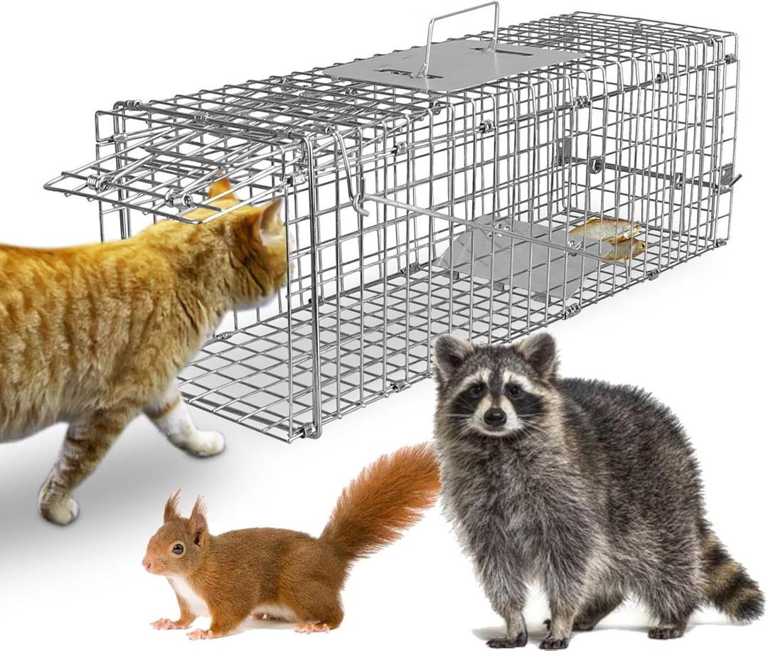 KOCASO Live Animal Trap Cage, Outdoor Heavy Duty Large Humane Animal Cat Trap Catch Release Rodent Cage, Collapsible Catcher Cages for Raccoons Opossums Groundhogs Skunks Beavers Armadillos Squirrel
