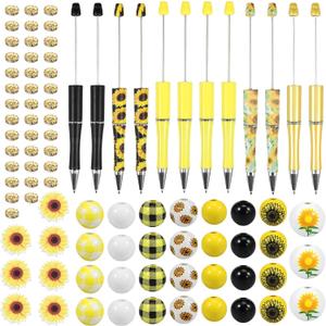 12Pcs Beadable Pen Set, Assorted Plastic Bead Pens with Wood Beads and Spacer Beads DIY Black Ink Ballpoint Pen Sun Flower Bead Pens for Kids Office School Craft 14cm