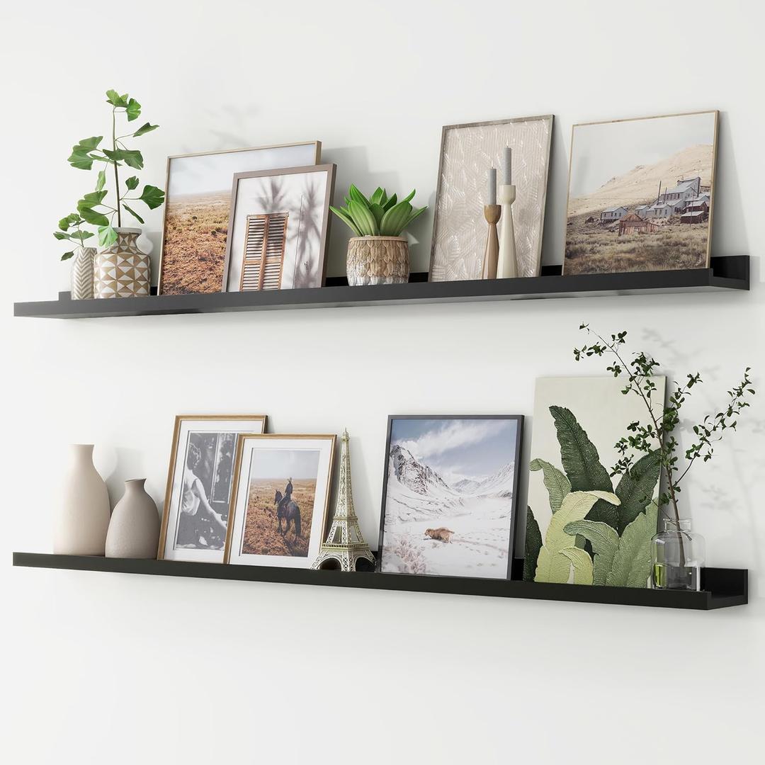 Picture Ledge Shelf, Floating Shelves Set of 2, 56 Inches Long Large Nursery Book Shelves for Toys Storage, Kids Bookshelf Wall Mounted for Living Room Bedroom Decor Books Photo Frames, Black
