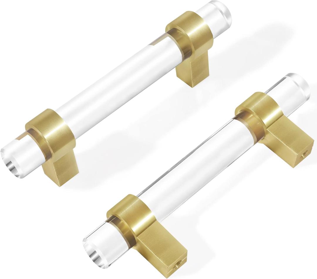 Clear Glass Crystal Gold Drawer Pulls 3 Inch, Brushed Brass Cabinet Pulls Drawer Handles (76mm, 10 Pack)