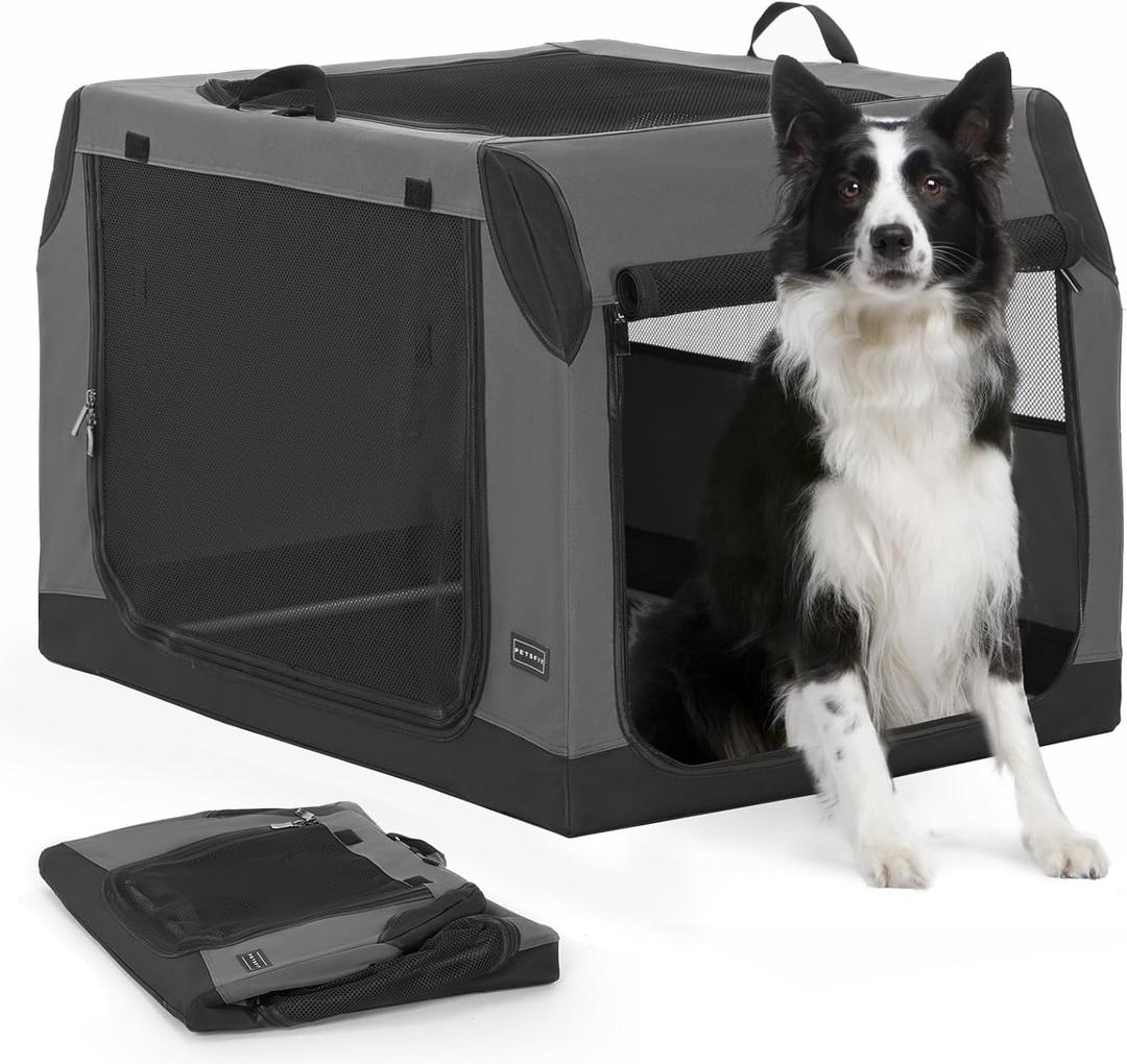 PETSFIT Dog Travel Crate, Soft Sided Dog Crate - 36 Inch Sturdy Adjustable Structure, Easy to Set Up, Collapsible Dog Crate for Car, Light Tough with 3 Mesh Doors Gray