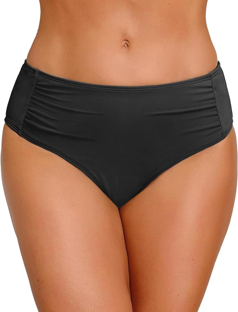 Women Full Coverage Bikini Bottoms - Mid Rise Bathing Suit Ruched Swim Bottom Swimsuit Swimwear (Medium, Black)