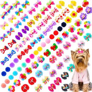 100pcs Dog Hair Bows, Small Puppy Grooming Bows with Rubber Bands - Mix Dainty Handmade Hair Accessories for Pet Yorkie and Tiny Dogs