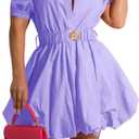 ENOPINK Womens Mini Dress Puff Sleeve Dresses 2026 Button Down Sexy V Neck A Line Party Clubwear with Belt (Purple) S