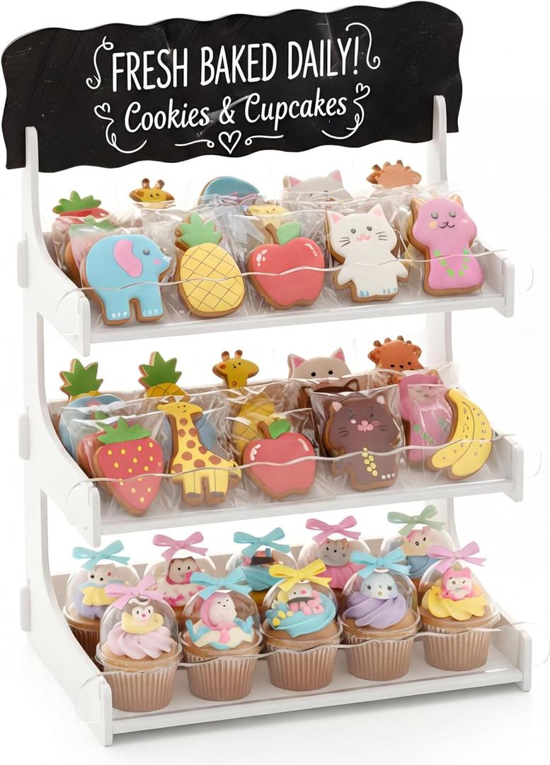 HOTCAN Cookie Display Stand for Bakers & Vendors with Acrylic Front | Wooden Dessert Stand with Chalkboard Sign for Market Booths, Craft Fairs & Events | 3 Tiered Cookie Display for Cupcakes, Muffins & Pastries (White)