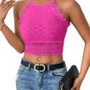 WDIRARA Women's Eyelet Halter Crop Top Lace Embroidery Slim Fitted Tops (Pink)