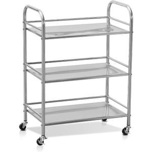Stainless Steel Utility Cart - 3-Tire Metal Rolling Small Service Cart on Wheels for Salon Labs Clinic - Flat Top Kitchen Storage Organizer Shelf Trolley for Livingroom Office