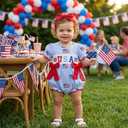 4th of July Baby Girl Outfit American Flag Romper USA Smocked Bubble Jumpsuit with Bow Headband Patriotic Clothes