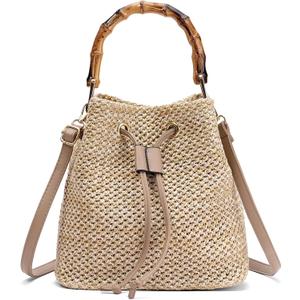 RNIEGA Straw Crossbody Bag Summer Woven Bucket Bags for Women Beach Shoulder Purse Drawstring Handbag Vacation