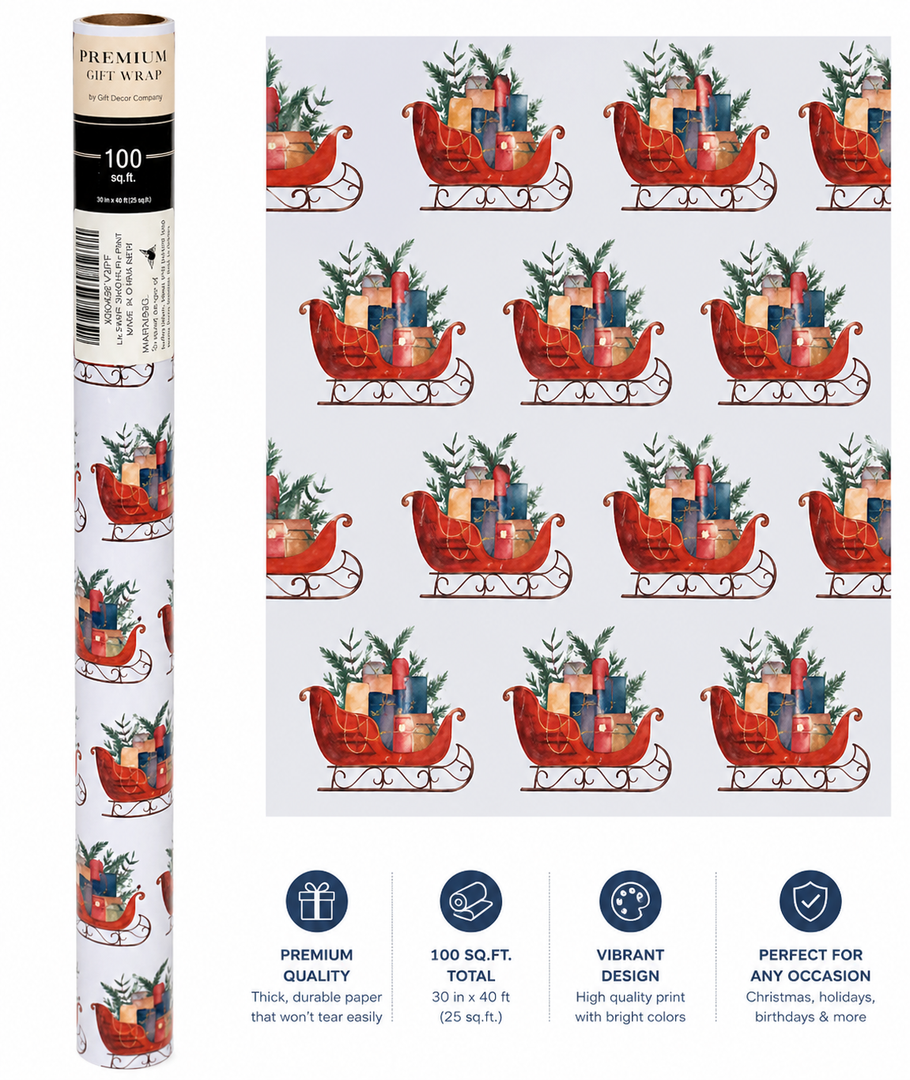 LaRibbons Christmas Wrapping Paper Jumbo Roll with Red Pom Pom, Classic Sled Design Gift Wrap Set for Christmas, Holiday, Party Celebration, 30 Inch X 40 Feet (100 sq. ft.)