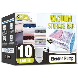 HIBAG Vacuum Storage Bags with Electric Pump, Vacuum Seal Bags for Clothing, Pillows, Blanket Bedding Comforters, 10 pack Large