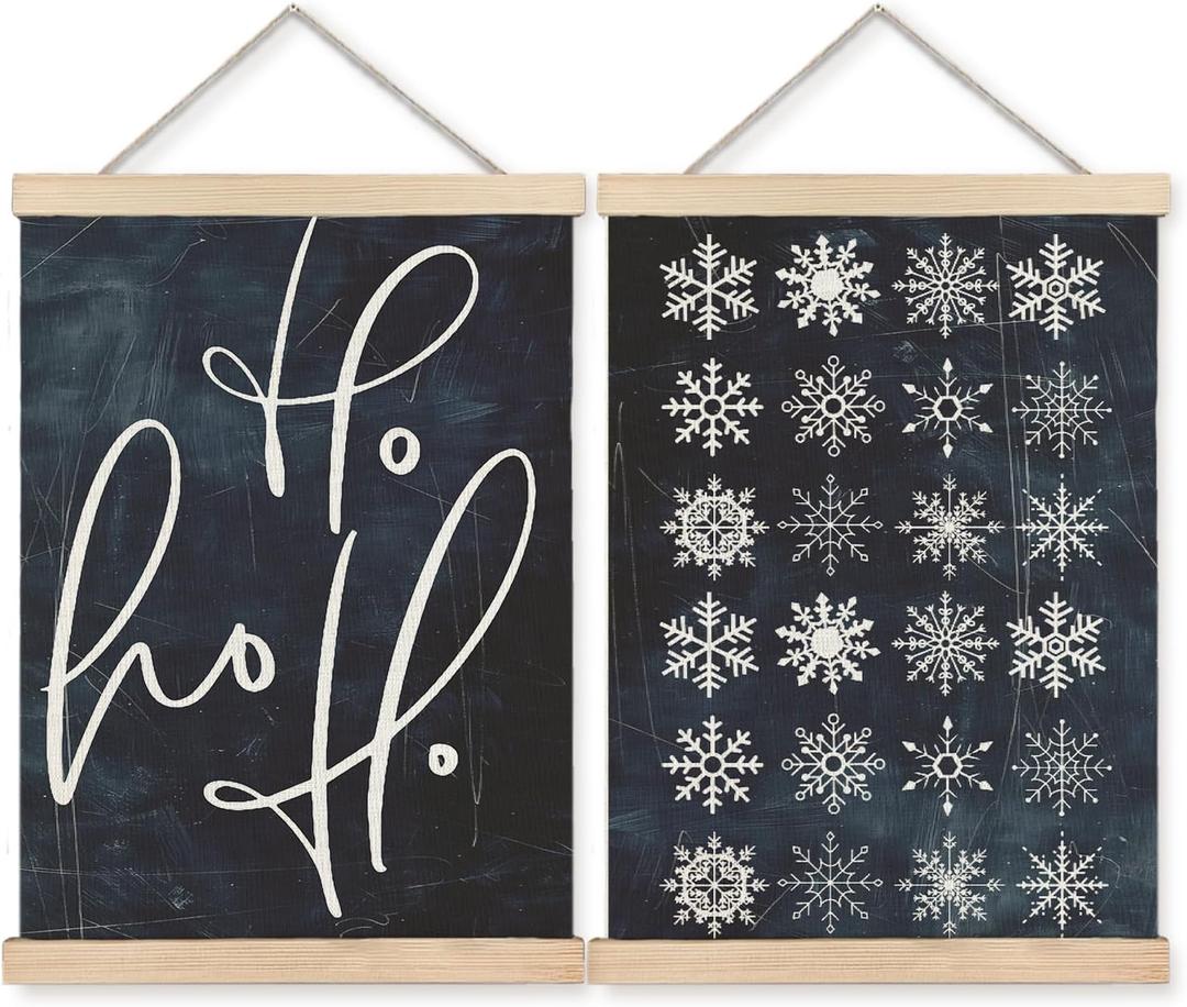 BearCake Navy Blue Winter Wall Art Poster Hanger Frame, Beach Winter Decor, Minimalist Hohoho Snowflake Holiday Xmas Wall Decor for Home Party Gallery, 12x16 Inch Set of 2