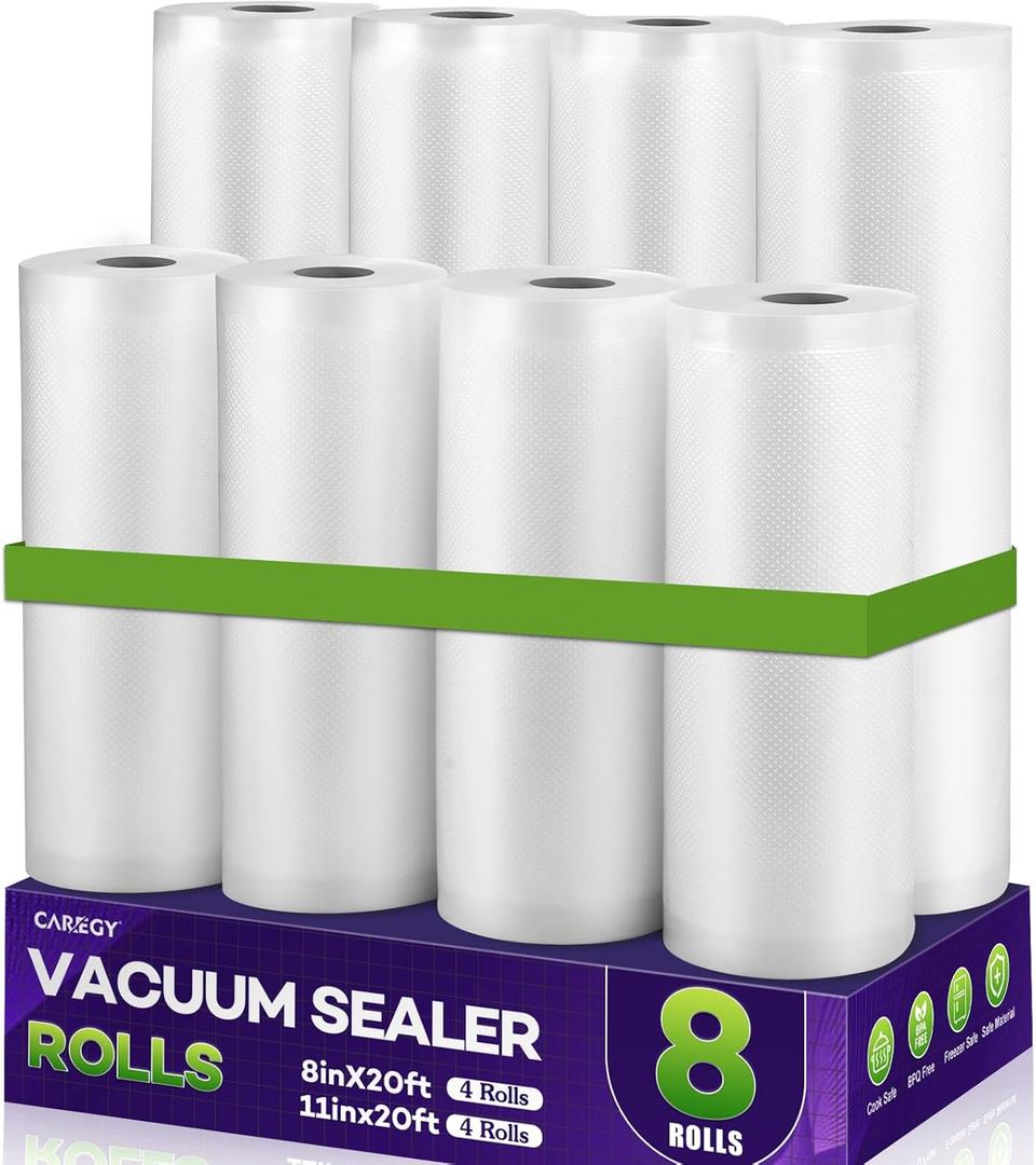 CAREGY Food Vacuum Sealer Rolls Bags 8 Pack 4 Rolls 8'' x 20' and 4 Rolls 11''x 20' Commercial Grade BPA Free Bag Rolls Embossed Food Saver Bags for Meal Prep,Sous Vide Cooking and Food Storage