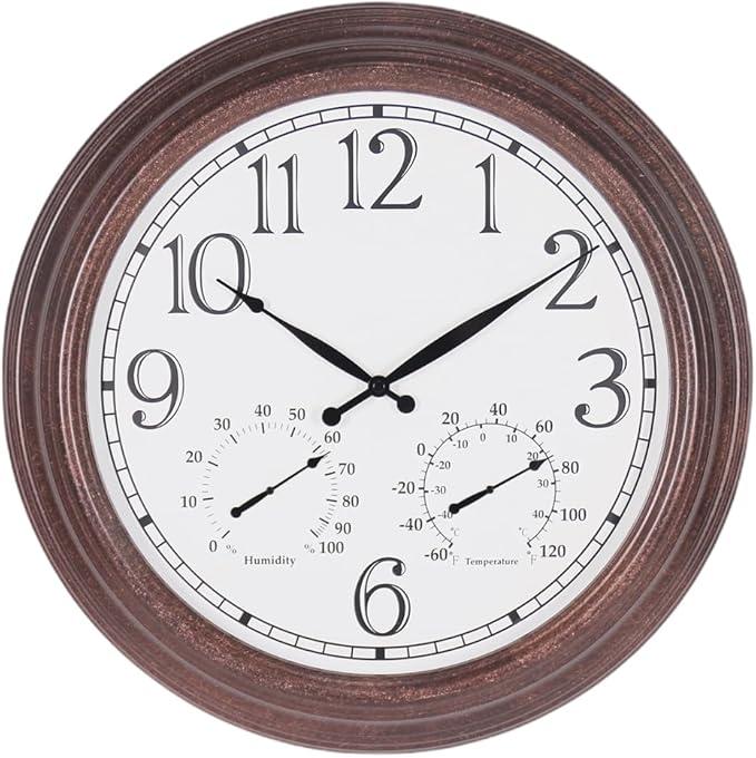 BESTIME Three-in-one Metal Wall Clock. Indoor, Outdoor, Thermometer, Hygrometer, Weather Resistant, Garden, Lanai. (Antique Red Copper, 18.5-Inch)
