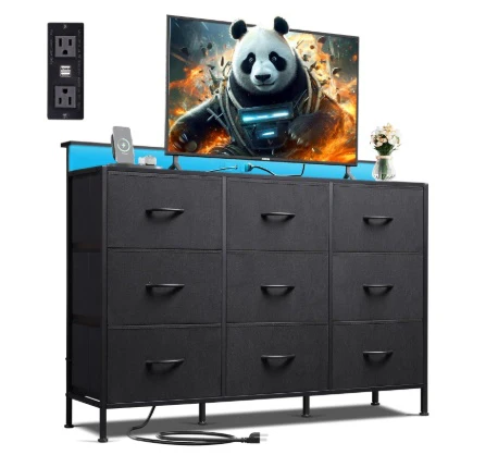 47-inch TV Stand For Up To 55 Inch TVs, Entertainment Center With RGB LED Lights & Charging Station, Media Console With 9 Fabric Drawers