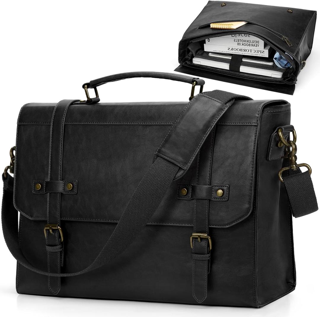 RAINSMORE Mens Messenger Bag 17 Inch Waterproof Vintage Leather Laptop Briefcase Large Laptop Bag Satchel Bag Computer Shoulder Bag for Office Business Travel College, Black