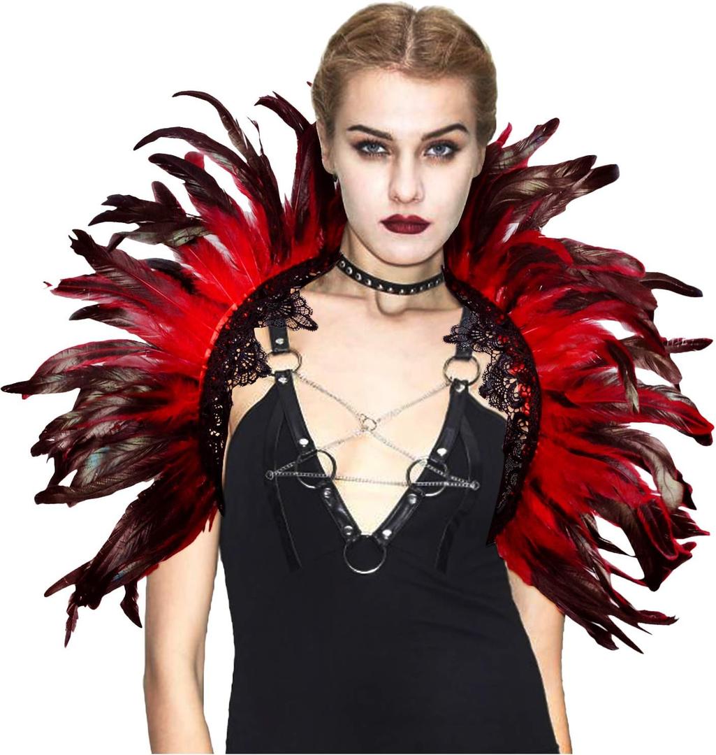 L'VOW Victorian Natural Feather Poncho Capelet Shrug Wrap Lace Collar Shoulder Halloween Witch Shawl Costumes (Red)