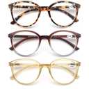 MODFANS Women Reading Glasses Pack of 3 Large Round Frame Readers Spring Hinges with 3 Pouch +2.75