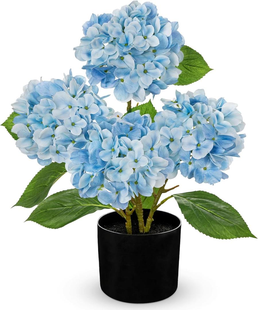 Hollyone Light Blue Hydrangea Artificial Flowers in Pots 19.7" Four-Head Faux Silk Hydranges Flower Arrangements for Indoor Home Office Kitchen Table Centerpieces Wedding Decorations