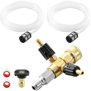 EASYBRO Downstream Injector for Pressure Washer, Adjustable High Pressure Chemical Injector Kit, Double Suction Head Chemical Injector with 2 Pcs Siphon Hose & Soap Nozzle, 3/8 Inch Quick Connect