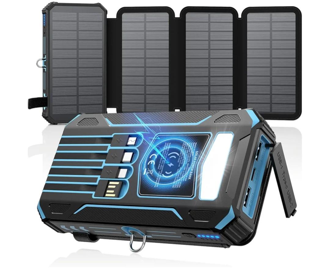 SOARAISE Solar Charger Power Bank - 48000mAh Wireless Portable Charger Built-in 4 Cables and 4 Solar Panels, PD QC 3.0 Fast Charging USB C Battery Pack with Flashlight for Camping Travel (Blue)