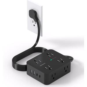 Power Strip Surge Protector, HANYCONY 5Ft Ultra Thin Flat Extension Cord with Multiple Outlets, 8 Widely Outlet Extender 4 USB Ports(2 USB C), 1080J Wall Mount for College Dorm Room Essentials Black