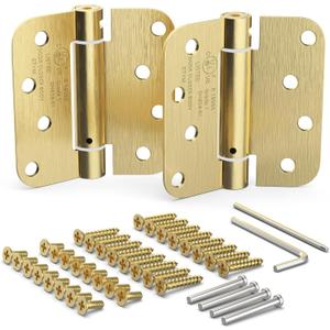 Self Closing Door Hinges, Spring Hinge Door Closer, Spring Loaded, Auto Close, 4 Inch, Automatic Closer, Auto Shut For Interior, Garage, Exterior, Adjustable Tension, 5/8 Radius Corner, Brass, 2 Pack (Satin Brass Finish)