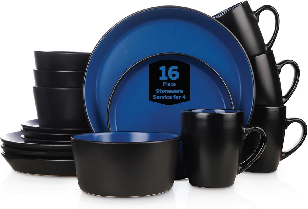 Stone Lain Albie Stoneware 16-Piece Modern Dinnerware Set, Kitchen Plates and Bowls Sets, Dish Set for 4, Blue and Black (16 Piece - Service for 4, Blue and Black)