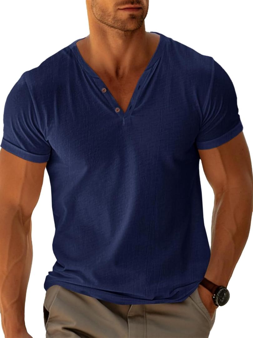 Runcati Mens Casual T Shirts Short Sleeve V Neck Henley Linen Shirt Button Basic Fashion Summer Beach Tee Tops (Large)