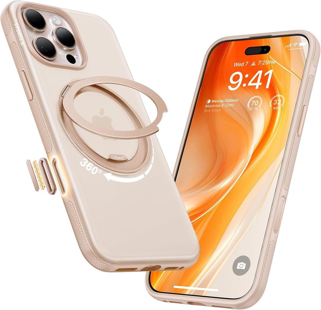 TORRAS 360 Magnetic Stand for iPhone 16 Pro Max Case, [Fit for MagSafe] [Military-Grade Protection] Translucent Slim Case for iPhone 16 Pro Max, Desert Titanium, Ostand O3 Fitness Series