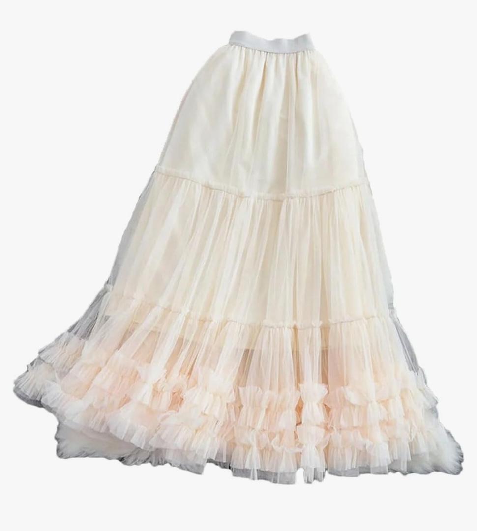 Tiered Maxi Tulle Skirt for Women Solid Elastic Waist A-Line Long Mesh Skirts M